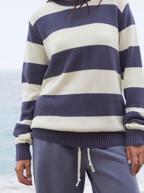 Brandy Melville Navy and Cream Striped Crewneck Sweater